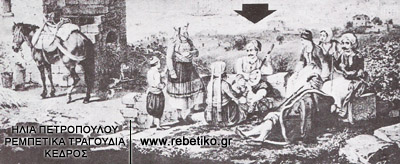 Αιγινήτες ενώ ακούν έναν μπουζουξή (χαλκογραφεία του 1830)